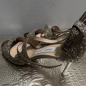 JIMMY CHOO London Gold Authentic Glitter Pump Women Sandals W/Straps Used 37.5